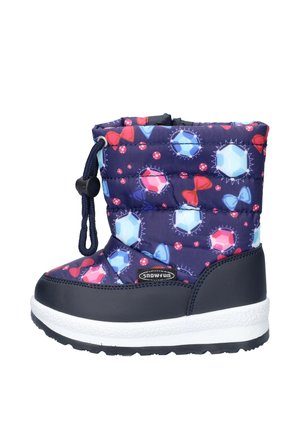 Sneeuwlaars in marineblauw met levendige edelsteen- en strikpatronen, gevoerde bovenkant, trekkoordsluiting en witte rubberen zool met geribbeld profiel.