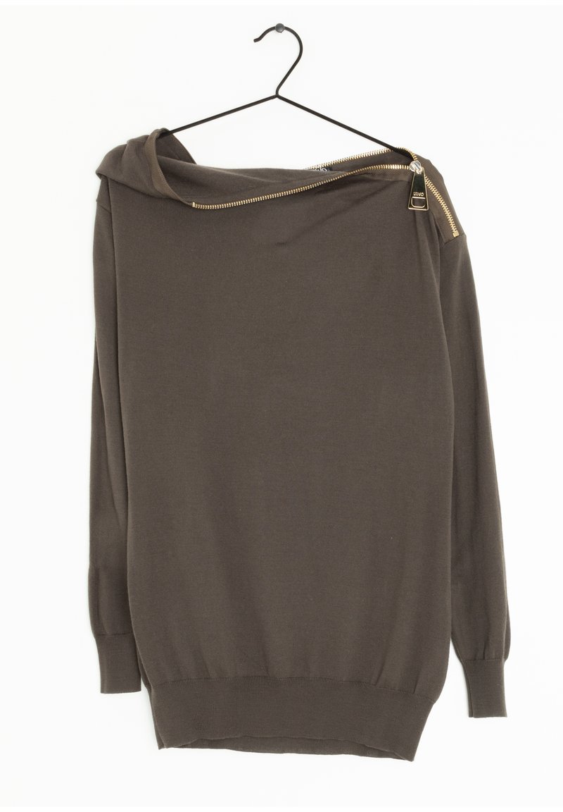 Brauner Strickpullover mit Kapuze und teilweiser Reißverschlussöffnung an einer Schulter, mit gerippten Bündchen und Saum. Glatte Textur.