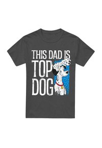 Gray T-shirt featuring a graphic of a Dalmatian and puppy with the text “THIS DAD IS TOP DOG” in bold white and blue accents.