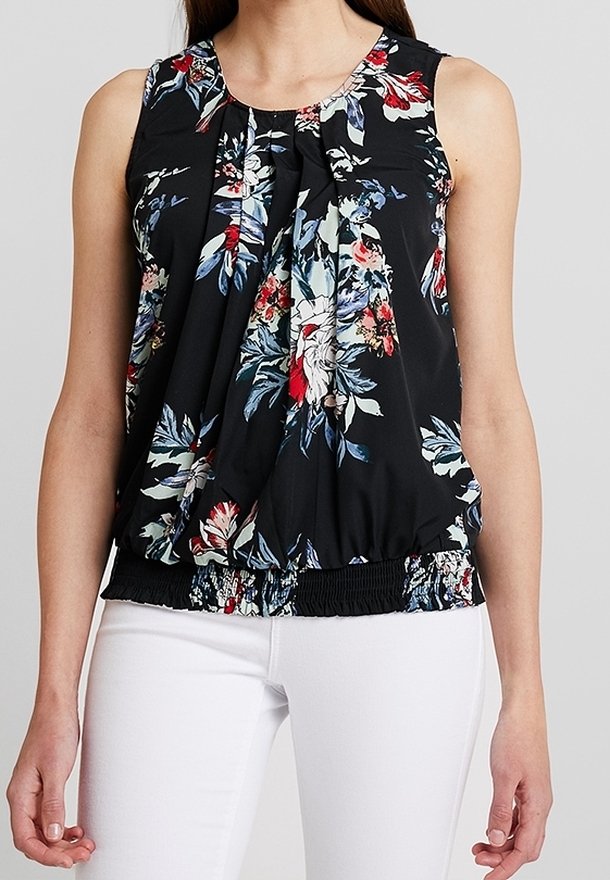 Black floral blouse with sleeveless design, featuring pleats, a gathered hem, and multicolored floral patterns against a dark background.
