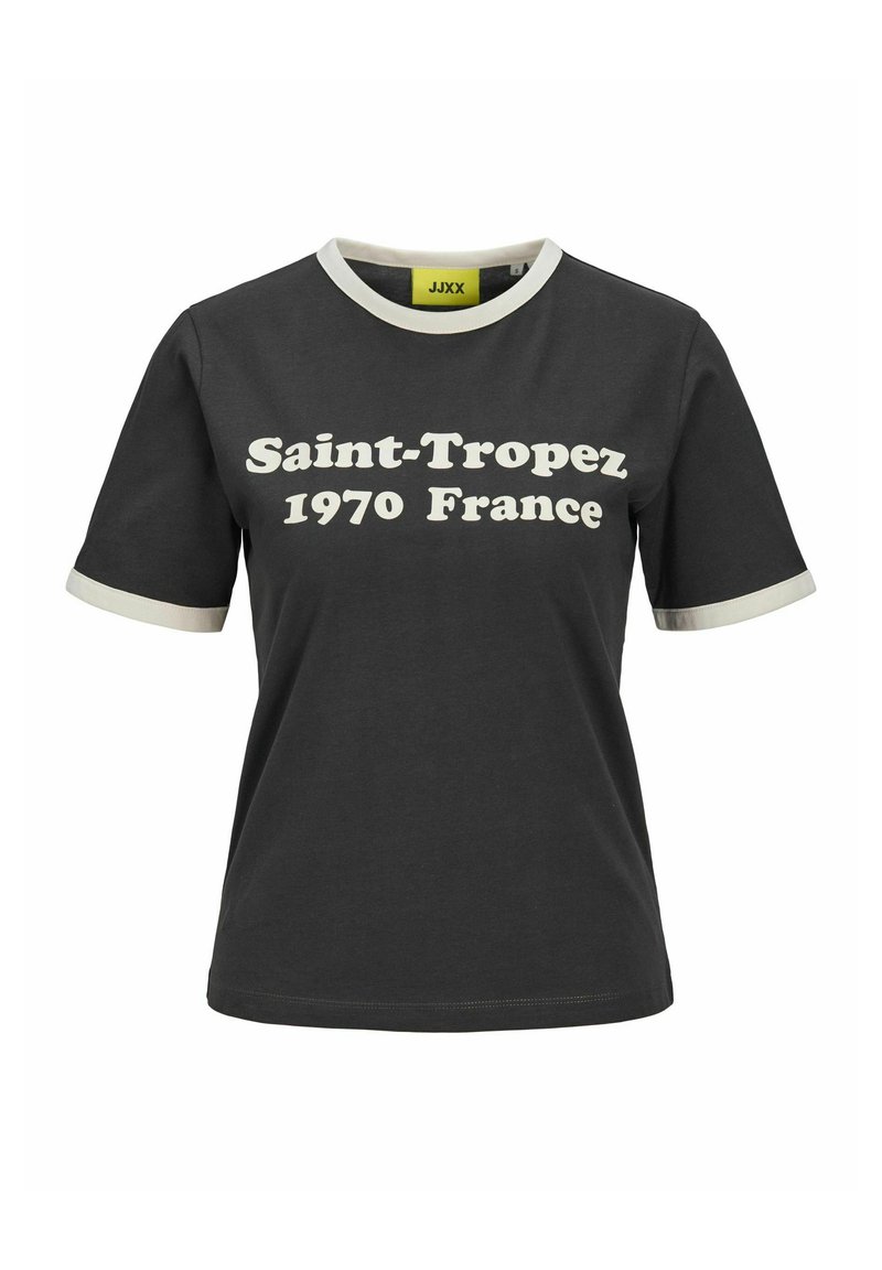 Černé bavlněné tričko s bílým nápisem "Saint-Tropez 1970 Francie", doplněné kontrastním krémovým límcem a rukávy. Design s krátkým rukávem.