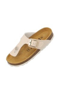 Infradito rosa chiaro con cinturino testurizzato, dettaglio fibbia e soletta in sughero; suola in gomma con accenti chiari.