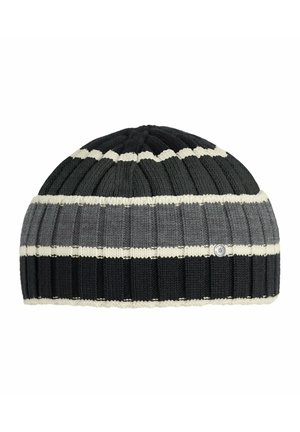 Black and gray ribbed knit beanie with white horizontal stripes and a small round logo tag on the gray section.