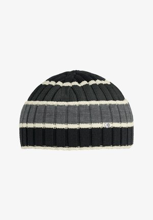 Black and gray ribbed knit beanie with white horizontal stripes and a small round logo tag on the gray section.