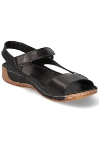 Schwarze Ledersandalen mit weitem Zehenöffnungsbereich, verstellbaren Riemen und einem Holzkeilsohle. Verfügt über kontrastierende Nähte.