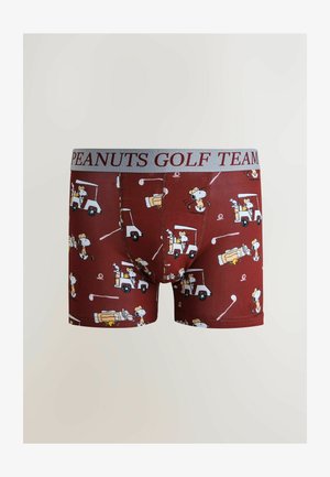 Värvitud bordo värvi bokserid, millel on golfiteemaline mustriga multifilmitegelased ja golfiautod. Hall vöökoht, millel kiri "PEANUTS GOLF TEAM".