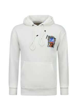 Witte hoodie met voorzak, trekkoord in de capuchon en kleine kleurrijke afbeelding van een gebogen raam met berglandschap op de linkerborst.