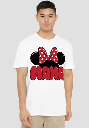 Weißes Baumwoll-T-Shirt mit einem schwarzen Minnie-Maus-Kopf und einer roten gepunkteten Schleife, mit dem Text "MAMA" in fetten roten Buchstaben darunter.