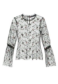 Schwarzes, blumiges Spitzenoberteil mit langen Glockenärmeln, rundem Ausschnitt mit Schlüsselbund und filigranen Stickereien über den gesamten Stoff.