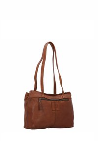 Borsa tote in pelle marrone con due manici lunghi, dotata di una tasca con zip sulla parte anteriore e una superficie liscia e strutturata.