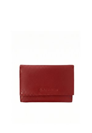 Kompakte rote Lederbrieftasche mit Klappverschluss, glatter Oberfläche und dezent geprägtetem Markennamen in der Mitte vorne.