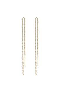 Pendientes en tono dorado con largas y delgadas cadenas y acentos de barra recta, diseñados con una estética minimalista.