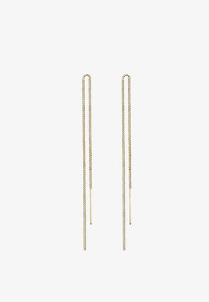 Boucles d'oreilles en métal doré mettant en valeur de longues et fines chaînes avec des barres droites en accent, conçues dans une esthétique minimaliste.