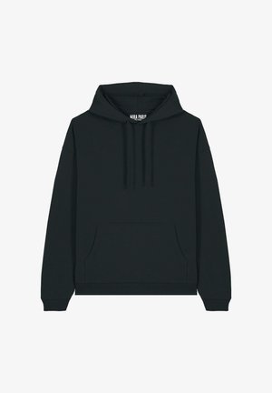 Fekete pulóver kapucnis felső pamut keverék anyagból. Nagy elülső zsebével, húzózsinóros kapucnijával, valamint bordás mandzsettáival és aljával rendelkezik. Minimális márkázással készült.