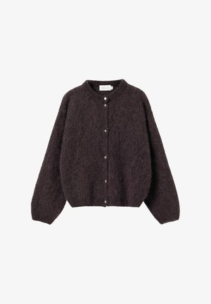 Dark brown fuzzy knit cardigan with long sleeves and five front buttons on a plain white background.