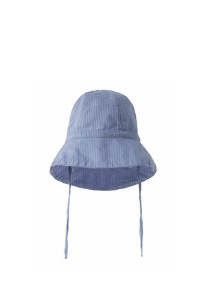 Light blue bucket hat with subtle vertical stripes and two long ties hanging from each side.