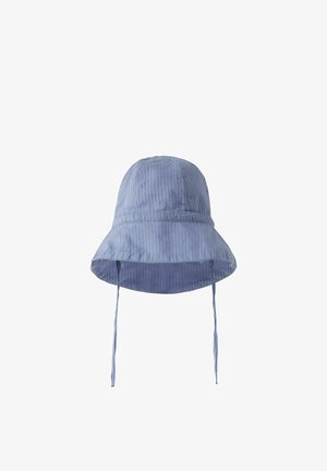 Light blue bucket hat with subtle vertical stripes and two long ties hanging from each side.