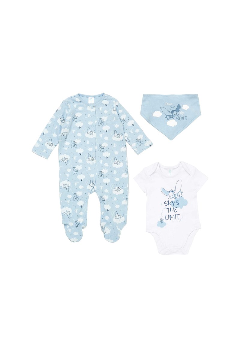 Pigiama blu con piedi, decorato con stampato di animali volanti, body bianco con la scritta "Il cielo è il limite" e bavaglino blu abbinato con il testo "Non volare, ma planare".