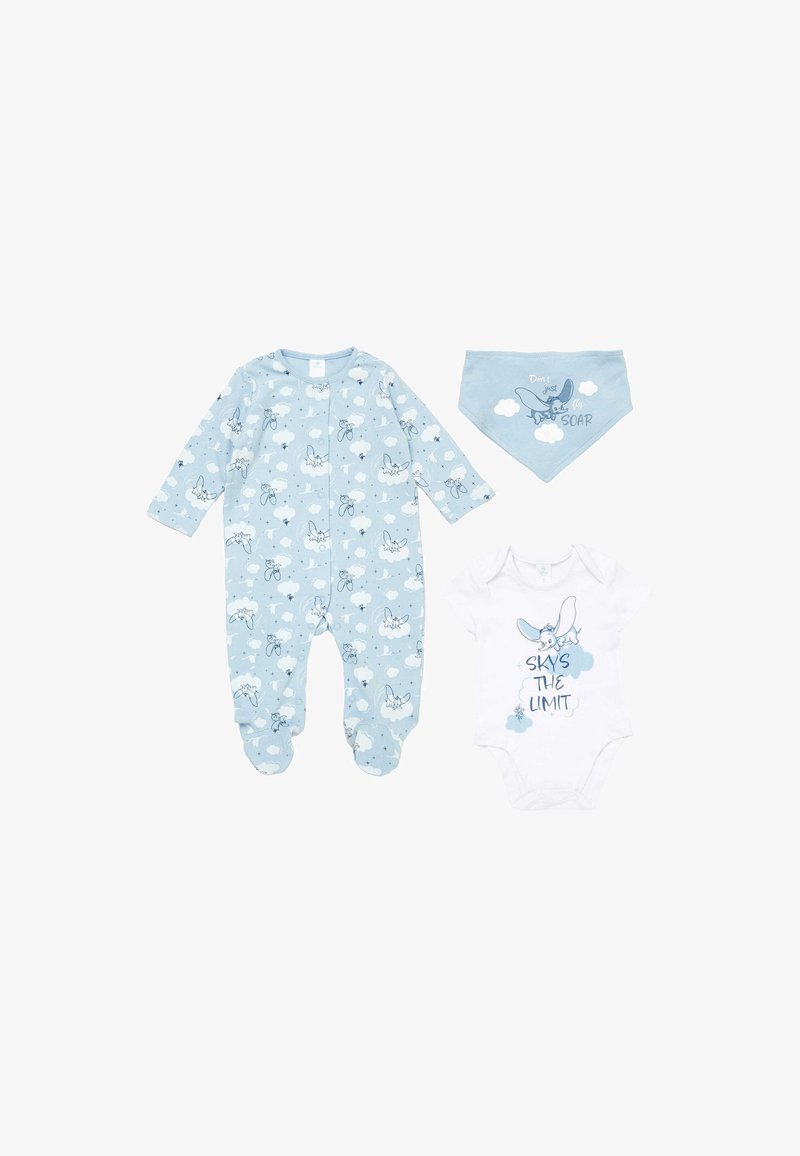Pantalon de pyjama bleu avec imprimé d'animaux volants, body blanc avec le texte "Le ciel est la limite" et bavoir bleu assorti avec le texte "Ne vous contentez pas de voler, volez haut".