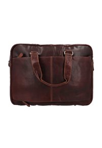 Braune Leder-Laptop-Tasche mit zwei stabilen Griffen, einer glatten Textur und einer zentralen Naht. Verfügt über ein Reißverschlussfach an der Oberseite.