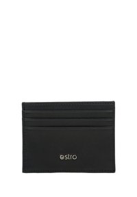 Zwarte leren kaarthouder met zes kaartsleuven en het ingedrukte "estro" logo aan de voorkant. Glad textuur en minimalistisch ontwerp.
