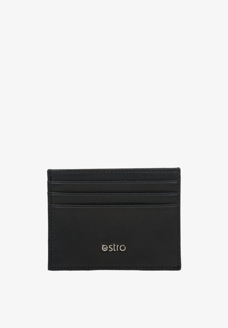 Zwarte leren kaarthouder met zes kaartsleuven en het ingedrukte "estro" logo aan de voorkant. Glad textuur en minimalistisch ontwerp.