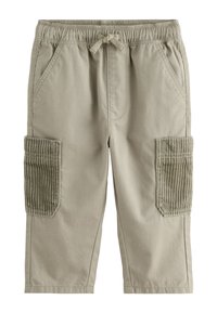Pantaloni cargo color khaki con vita elasticizzata e coulisse, tasche laterali e dettagli in velluto a coste a coste sulle tasche cargo.