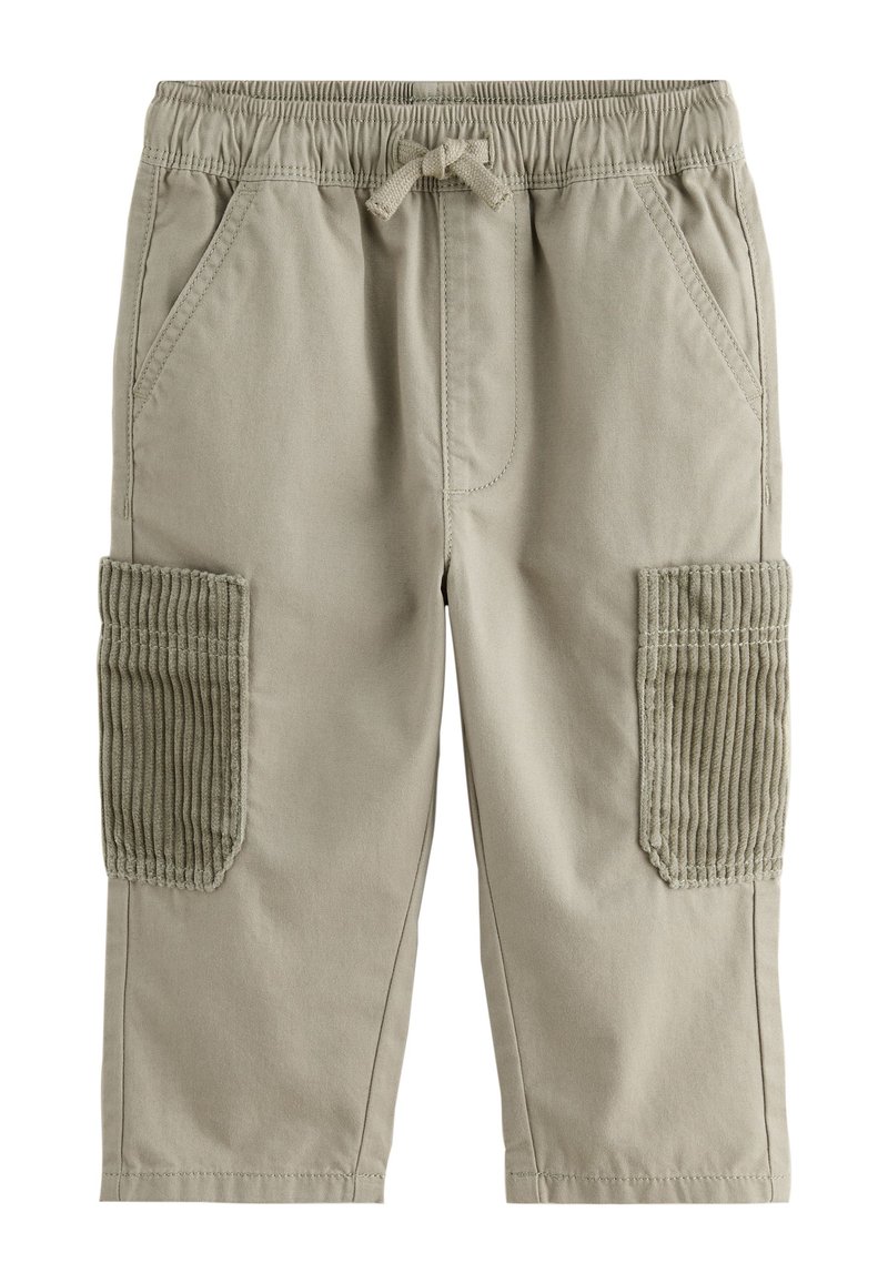 Pantaloni cargo color khaki con vita elasticizzata e coulisse, tasche laterali e dettagli in velluto a coste a coste sulle tasche cargo.