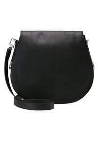 Borsa a tracolla in pelle nera con silhouette curva, superficie testurizzata, tracolla regolabile e dettagli in metallo argentato.