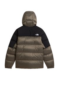 Puffer jacket with hood in olive green and black, featuring horizontal quilting and a white The North Face logo on the upper back.