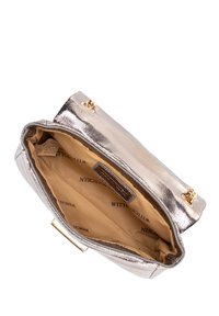 Metallic silver handbag with a smooth exterior, gold hardware accents, and a beige fabric interior featuring the logo "WITTCHEN."