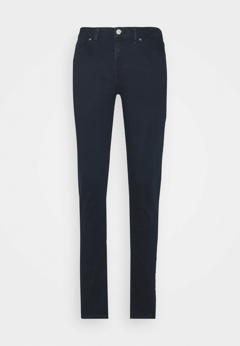 Jean slim bleu marine foncé avec cinq poches, fermeture par bouton et passants de ceinture, présenté à plat sur fond blanc.