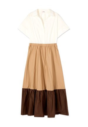 Kortærmet kjole med krave, med hvid top, beige midtersektion og mørkebrun flæsekant samt elastisk talje.