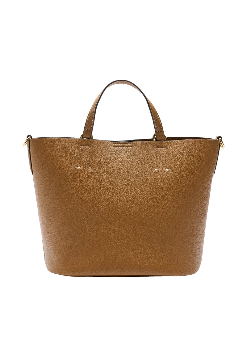 Brązowa skórzana torba typu tote o zdefiniowanym kształcie, z podwójnymi uchwytami na górze i subtelnymi detalami w szyciu. Gładka tekstura i minimalistyczny design.