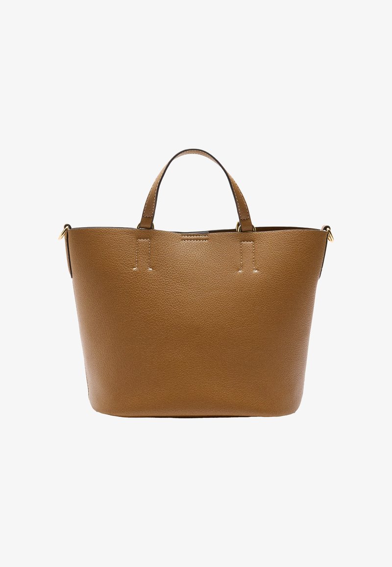 Brązowa skórzana torba typu tote o zdefiniowanym kształcie, z podwójnymi uchwytami na górze i subtelnymi detalami w szyciu. Gładka tekstura i minimalistyczny design.