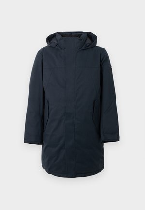 Ciemnoniebieska parka z kapturem, z przednim zamkiem błyskawicznym, bocznymi kieszeniami i prostym krojem. Wykonana z materiału wodoodpornego.