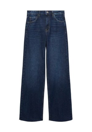 Bredbenade jeans i mörkblått med en slät textur. Har en klassisk femficksdesign och metallknappstängning.