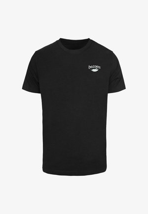 Fekete pamut póló rövid ujjakkal, fehér "heaven" felirattal és absztrakt mintával a mellrészen. Klasszikus kerek nyakú stílus.