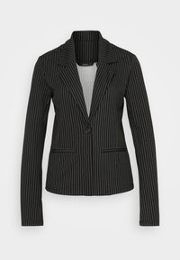Blazer aderente nero con strisce verticali bianche, colletto a rever, chiusura con un bottone e maniche lunghe.