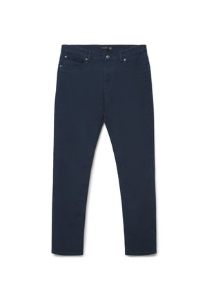 Dunkelblaue Slim-Fit-Hose mit Fronttaschen, Gürtelschlaufen und Knopfverschluss, dargestellt auf weißem Hintergrund.