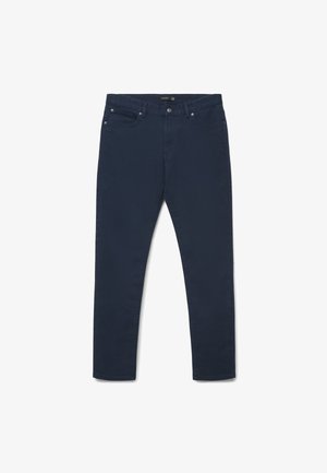 Dunkelblaue Slim-Fit-Hose mit Fronttaschen, Gürtelschlaufen und Knopfverschluss, dargestellt auf weißem Hintergrund.