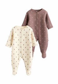 To baby romper: en i creme med brunt teddybjørneprint og en i mauve med matchende print. Begge har lange ærmer og trykknaplukninger.