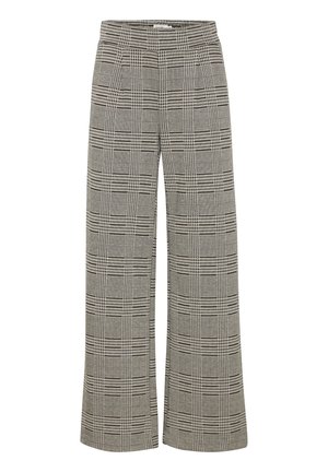 Pantalons à large jambe en tissu gris, avec un motif à carreaux subtil en noir et crème, une taille haute et des plis tailleur.