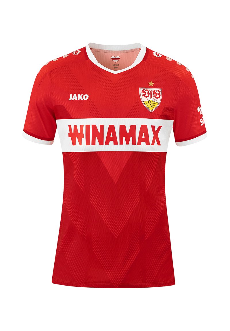 Rode voetbalshirt van ademende stof, met een witte horizontale band met 'WINAMAX', V-hals en chevronpatroon over de voorkant.