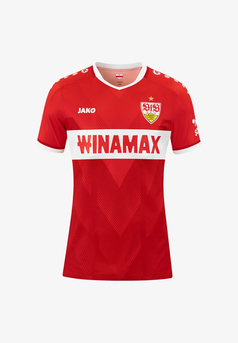 Rode voetbalshirt van ademende stof, met een witte horizontale band met 'WINAMAX', V-hals en chevronpatroon over de voorkant.