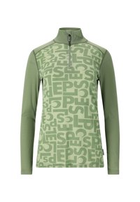 Groen langemmouwen pullover met een kwartrits, voorzien van een herhalend groot tekstpatroon in een lichtere tint, gemaakt van een gladde, ademende stof.
