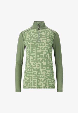 Groen langemmouwen pullover met een kwartrits, voorzien van een herhalend groot tekstpatroon in een lichtere tint, gemaakt van een gladde, ademende stof.