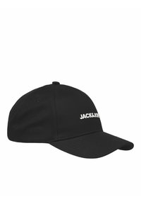 Black baseball cap made of fabric, featuring a curved brim and embroidered "JACK&JONES" logo in white on the front panel.