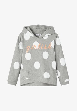 Sweat à capuche gris avec de gros pois blancs et le mot « girlish » en cursive pêche sur la poitrine.