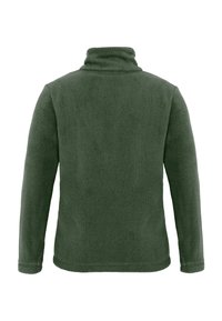 Giacca in pile verde con alto colletto e maniche lunghe. Presenta un tessuto testurizzato, cuciture lisce e una vestibilità comoda e rilassata.